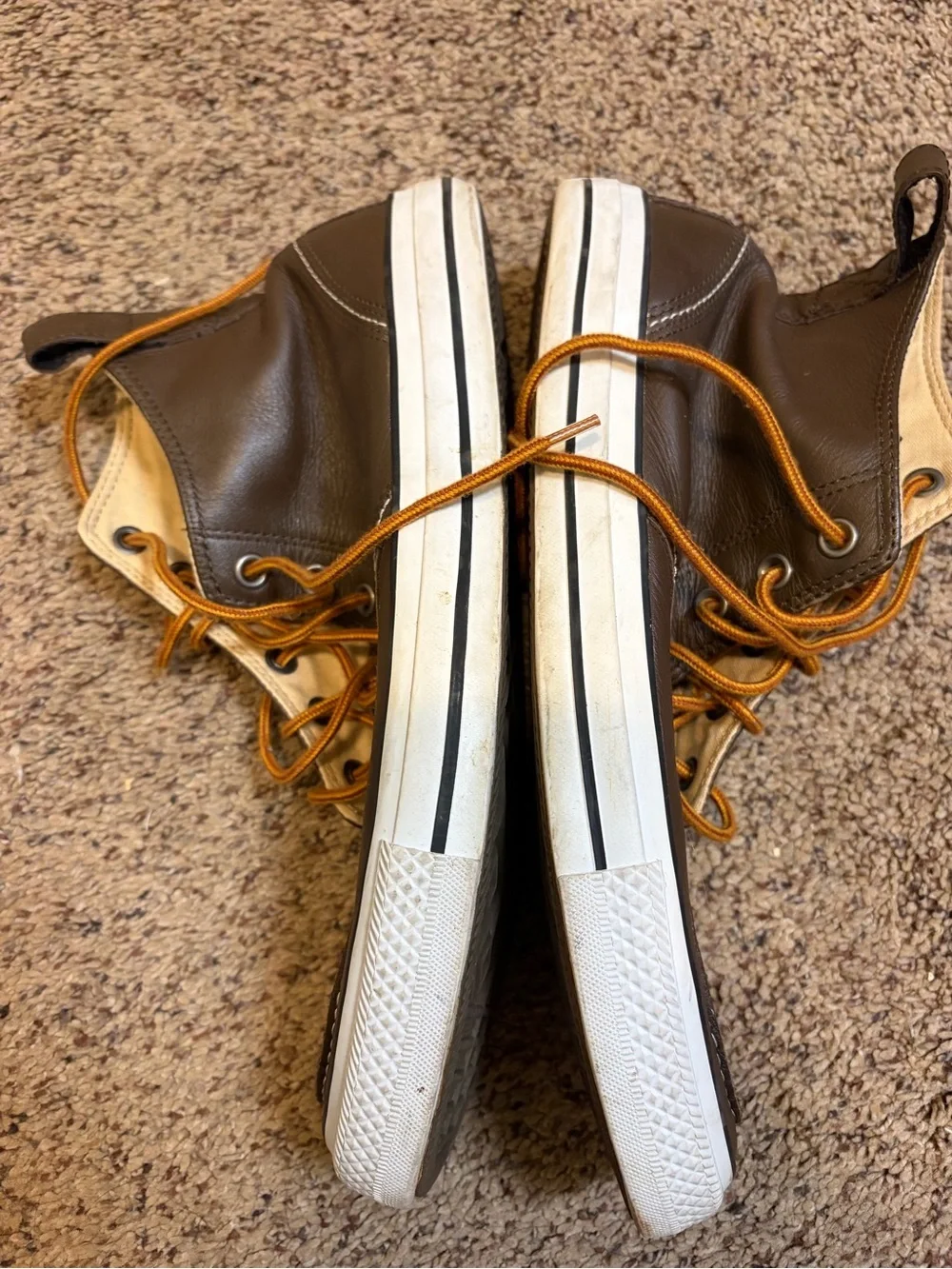 Converse Brown Leather High-Top Sneakers with Orange Laces 10 chukka